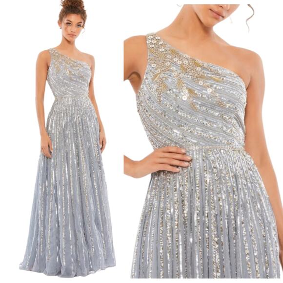 Mac Duggal 5220 Embellished One Shoulder A-Line Gown Dress Platinum Silver 12 - Picture 1 of 12